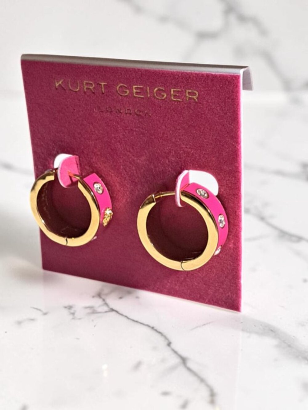 Kurt Geiger Pink & Gold Eagle Enamel & Crystal Hoop Earrings